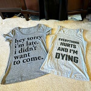 Wordy tee shirts, small, cotton one sleeve less one short sleeve.